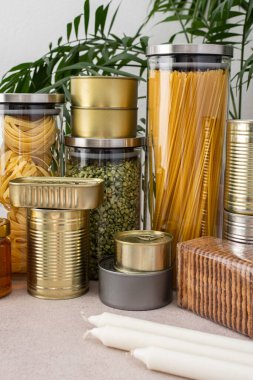 Necessary products for the period of the pandemic or famine or quarantine and isolation, food stock, the concept of stay at home, donated products, grocery delivery