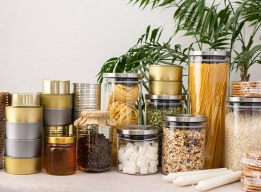 Necessary products for the period of the pandemic or famine or quarantine and isolation, food stock, the concept of stay at home, donated products, grocery delivery