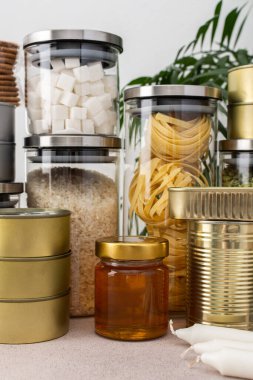 Necessary products for the period of the pandemic or famine or quarantine and isolation, food stock, the concept of stay at home, donated products, grocery delivery