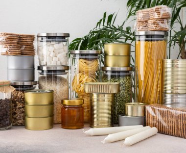 Necessary products for the period of the pandemic or famine or quarantine and isolation, food stock, the concept of stay at home, donated products, grocery delivery