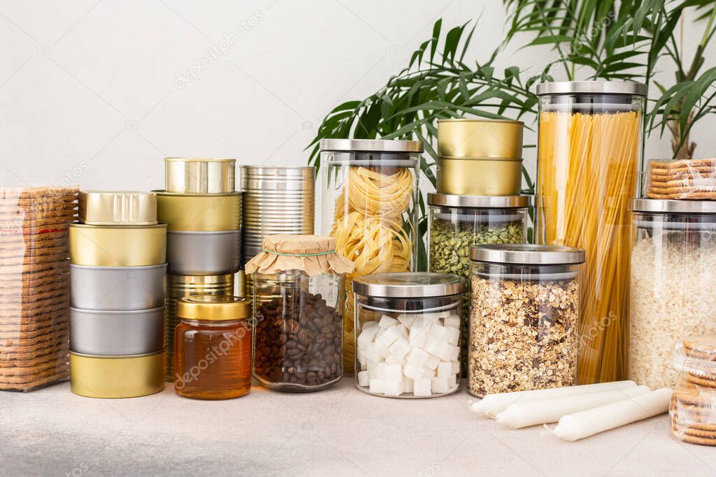 Necessary products for the period of the pandemic or famine or quarantine and isolation, food stock, the concept of stay at home, donated products, grocery delivery