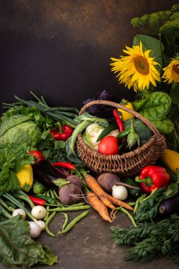 Taze hasat, organik sebzeler, bahçeden gelen bitkiler, vazoda ayçiçeği.