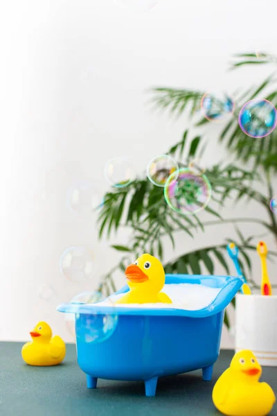 Rubber yellow duck sits in a doll bath with soap suds, soap bubbles, children\'s spa and hygiene concept, children\'s bathing accessories