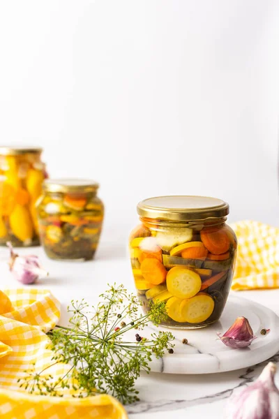 Preserving Vegetables Winter Canned Zucchini Carrots Cucumbers Pickled Fermented Vegetables — Fotografia de Stock
