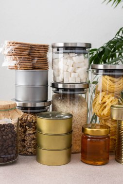 Necessary products for the period of the pandemic or famine or quarantine and isolation, food stock, the concept of stay at home, donated products, grocery delivery