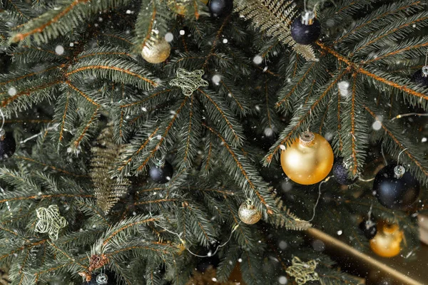 Boże Narodzenie Drzewo Gałęzie Zbliżenie Czarne Złote Pudełka Łukami Pod — Zdjęcie stockowe