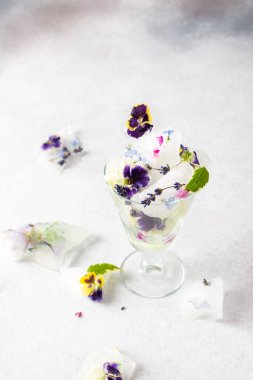 Refreshing cold drink with frozen flowers, colorful pansies and lavender and Verbena