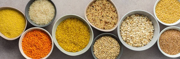 Varios Cereales Grano Banner Cuencos Vista Superior — Foto de Stock