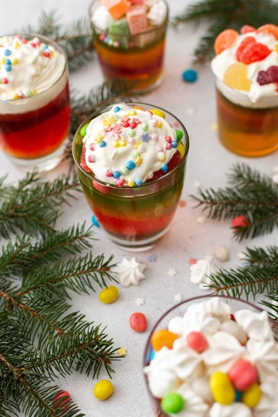Glasses Multi Colored Jelly Decorated Cream Dragees Meringues Marshmallows Turkish — Stock Photo, Image