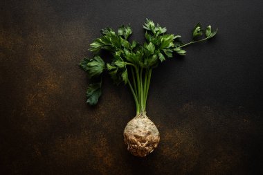 Kereviz kökü, kahverengi arka plan, üst manzara, organik sonbahar kök ekinleri.