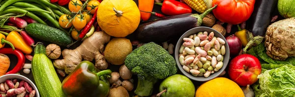 Ripe fresh vegetables, organic seasonal vegetables banner, autumn farm harvest, top view