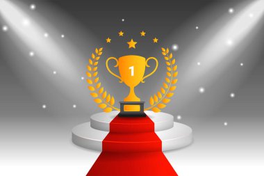 Ödül töreni için ışıklandırma sahnesi. Altın kupa sembolü, defne çelengi ve kurdelesiyle kazanan yuvarlak kaide..