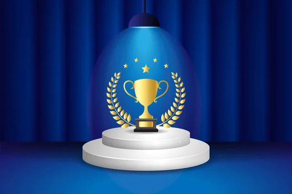 Stage Podium Scene Lighting Award Ceremony Winner Pedestal Golden Trophy — Stock Vector