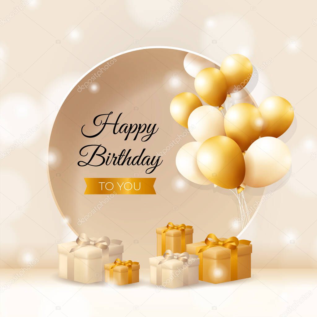 Happy birthday background design with realistic bunch of flying golden balloons.