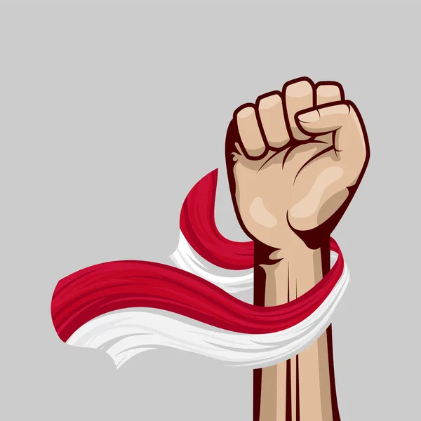 Clenched fist hand illustration and Indonesia waving flag. Indonesia independence day design