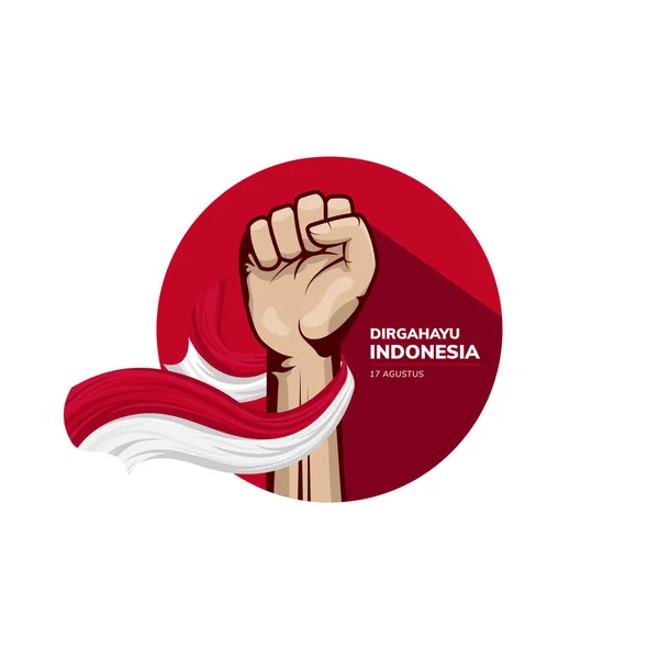 Сжатая Кулачная Рука Размахивающим Флагом Индонезии Дизайн Иллюстраций Дня Независимости — стоковый вектор