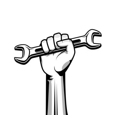 Hand holding wrench vector illustration in black color