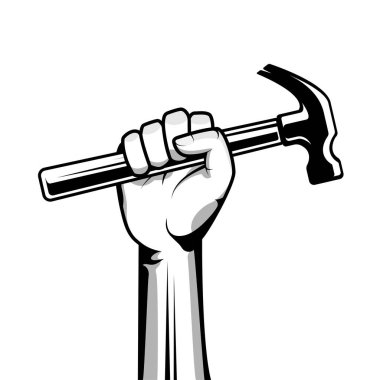 Hand holding hammer illustration clip art for carpenter logo isolated on white background