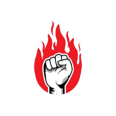 Strong fist hand in the burning fire. Power and authority conceptual logo