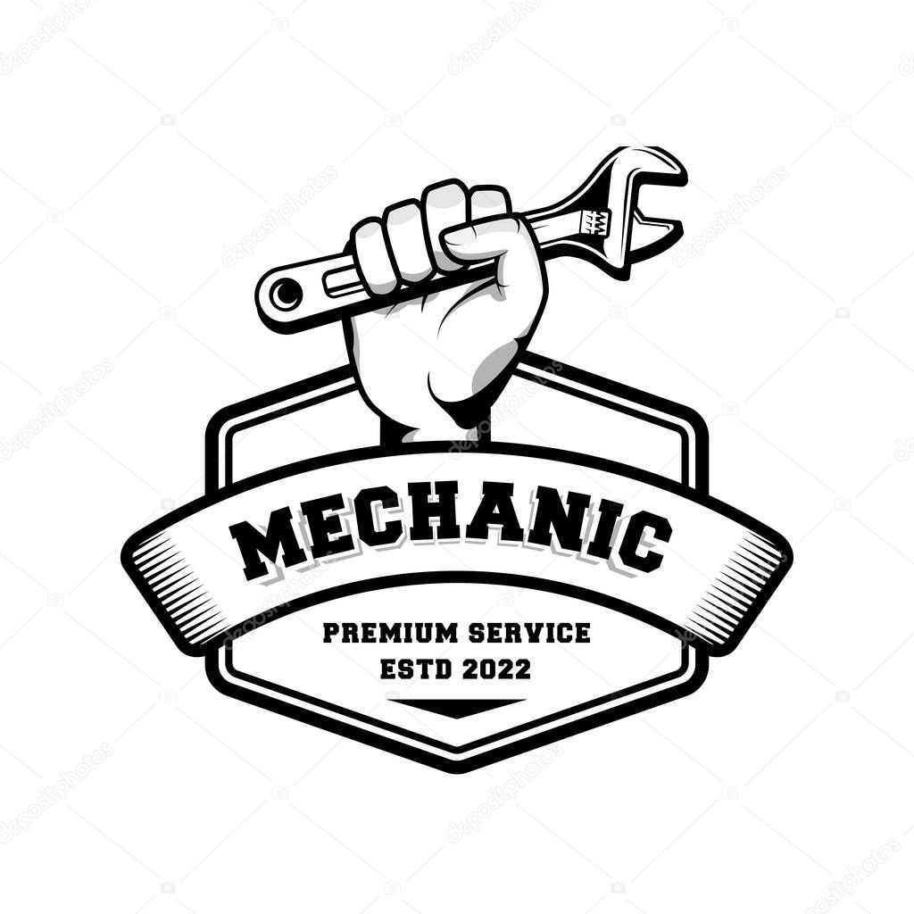 Mechanic badge logo design in retro style. Plumber logo design template