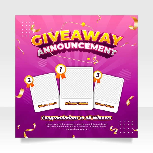 Giveaway Winnaar Aankondiging Social Media Post Banner Sjabloon — Stockvector