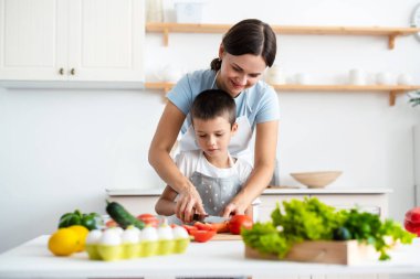 Bağlanma kavramı. Neşeli anne oğluna yemek pişirmede yardım ediyor, küçük çocuğa sağlıklı sebze salatası yapmayı öğretiyor, domates kesiyor, evde birlikte yemek pişiriyor..