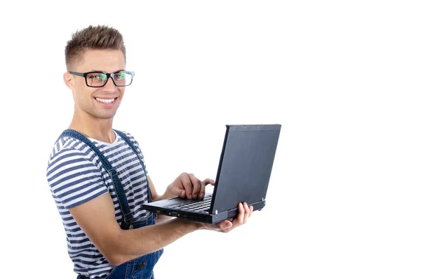 Schöner Junger Kerl Student Mit Laptop Und Tablet — Stockfoto
