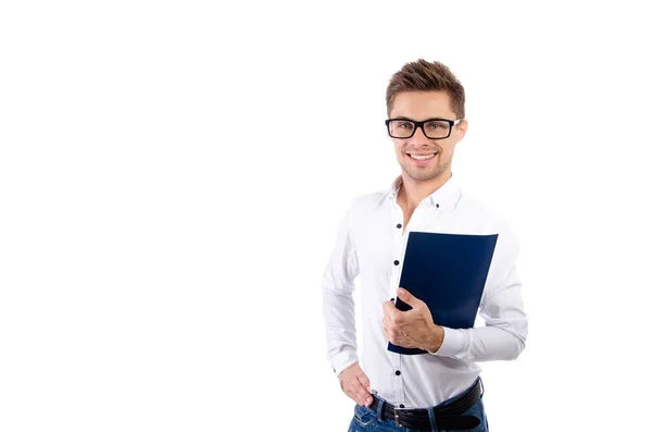 Beau Jeune Homme Étudiant Avec Ordinateur Portable Tablette — Photo