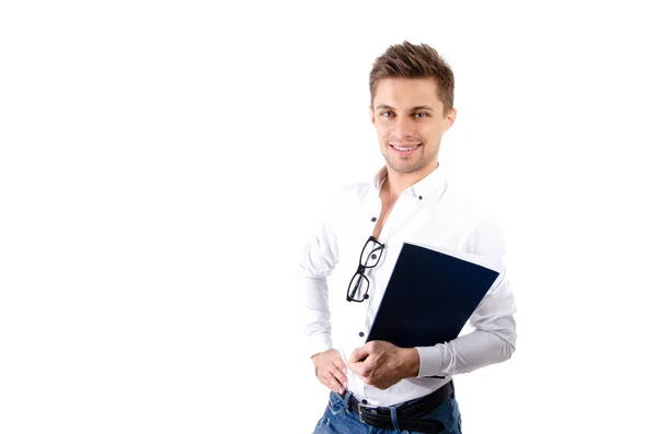 Beau Jeune Homme Étudiant Avec Ordinateur Portable Tablette — Photo