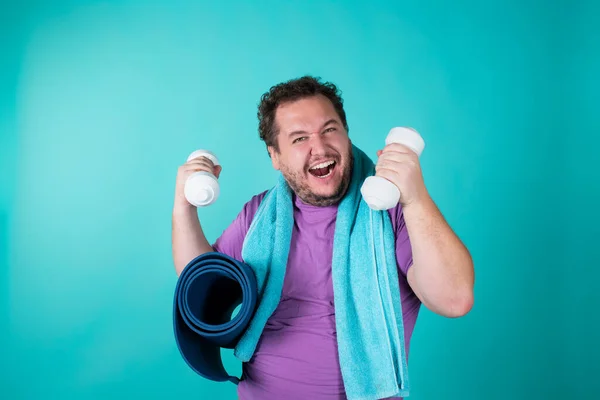 Dieta Zdrowy Tryb Życia Zabawny Tłuścioch Niebieskie Tło — Zdjęcie stockowe