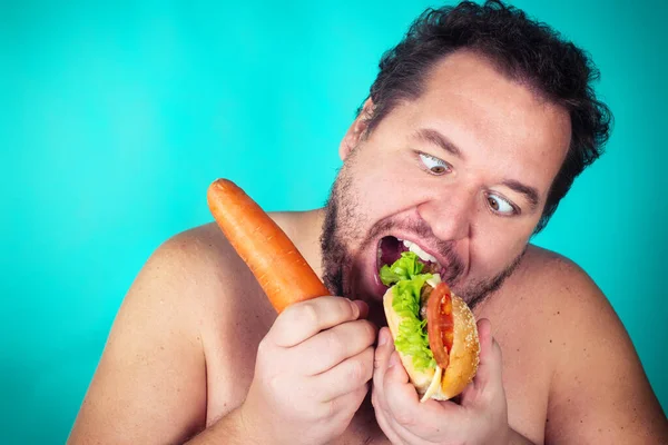 Dieta Estilo Vida Saudável Gordo Engraçado Fundo Azul — Fotografia de Stock