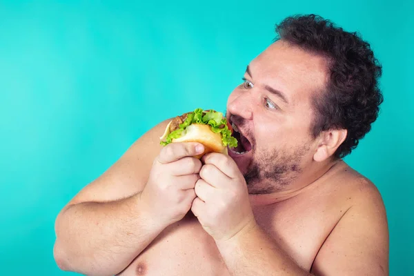 Dieta Estilo Vida Saudável Gordo Engraçado Fundo Azul — Fotografia de Stock