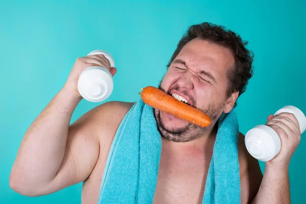 Étrend Egészséges Életmód Vicces Kövér Ember Kék Háttér — Stock Fotó