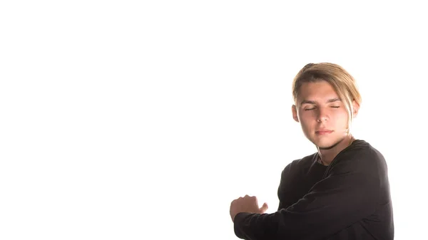 Jovem Estudante Engraçado Posando Estúdio Estudo Trabalho — Fotografia de Stock