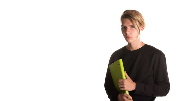 Jeune Étudiant Drôle Posant Dans Studio Etude Travail — Photo