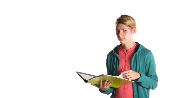 Young funny student posing in the studio. Study and work.