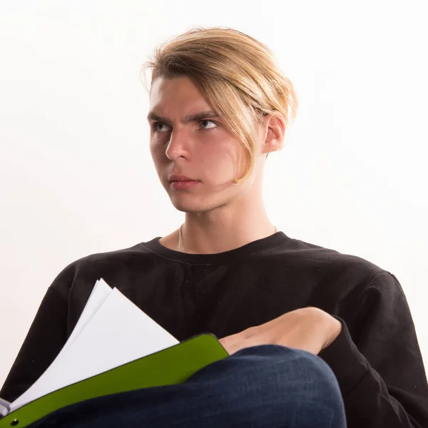 Junge Lustige Studentin Posiert Studio Studieren Und Arbeiten — Stockfoto