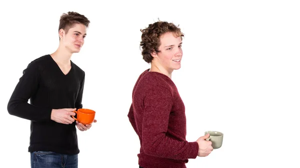 Zwei Attraktive Typen Trinken Kaffee Weißer Hintergrund — Stockfoto