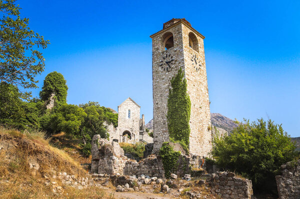 Ancient medieval tower and ruins in the old town of Bar, Montenegro