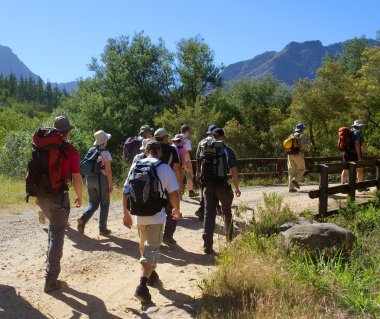 Grup backpackers bir köprüden geçer