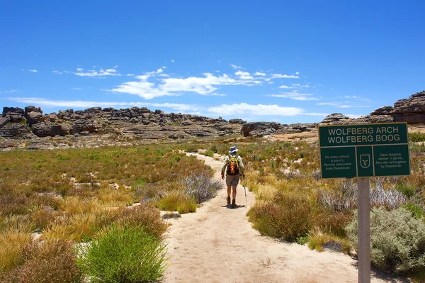 Old man walks on track — Stock Photo, Image