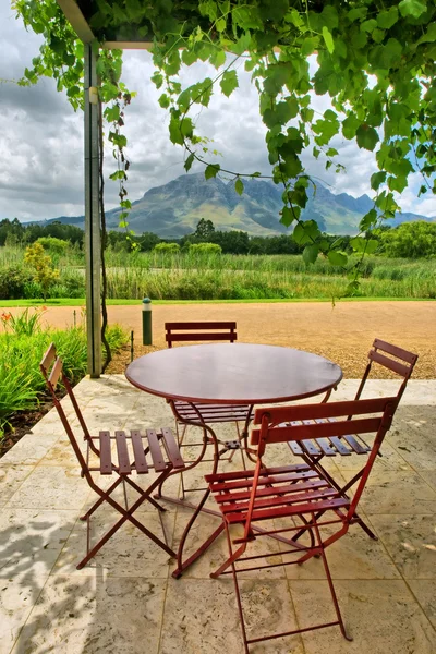 Ronde tafel op wijnstokken bedekte terras in Bergen — Stockfoto