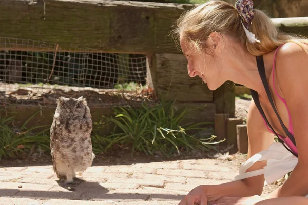Girl gets closer to owl on floor — Stock Photo, Image