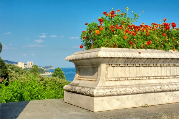 Virágcserép teraszon ellen a tenger és a mediterrán típusú park — Stock Fotó