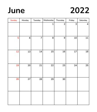 Aylık planlama sayfası 2022. Haziran ayı takvim sayfası. Düzenleyici zaman çizelgesi vektör şablonu. Masa başı şirket takvimi. Hafta pazar günü başlıyor. Yaz ayları