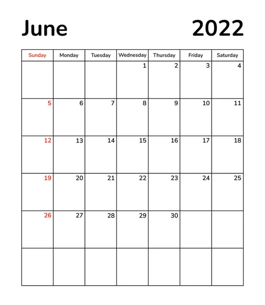 Planificateur pages mensuelles 2022. Juin page calendrier mois. Organisateur planificateur calendrier vectoriel modèle. Table de bureau mural calendrier d'entreprise. La semaine commence dimanche. Mois d'été — Image vectorielle