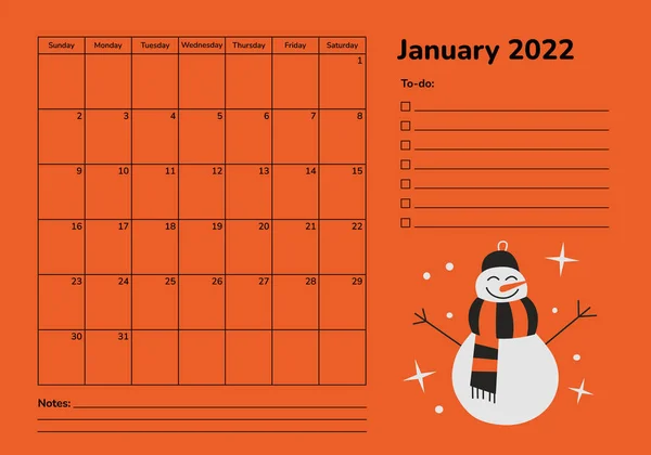 Horizontal planner 2022. January calendar page. Organizer scheduler timetable vector template. Monthly pages. Week starts on Sunday. Winter holidays snowman. Merry Christmas and Happy New Year — Stock Vector