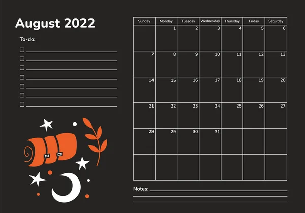 Planejador horizontal 2022. Página de calendário de agosto. Modelo de vetor de calendário do organizador. Páginas mensais. A semana começa no domingo. Férias de verão. Camping noite estrelas magia aventuras ao ar livre —  Vetores de Stock