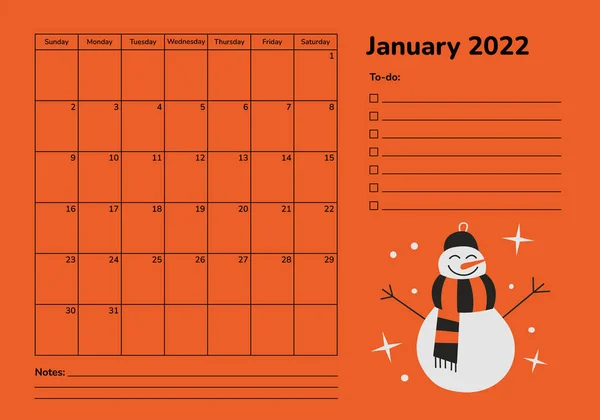 Planificador horizontal 2022. Página del calendario de enero. Organizador planificador de calendario plantilla de vectores. Páginas mensuales. La semana comienza el domingo. Vacaciones de invierno muñeco de nieve. Feliz Navidad y Feliz Año Nuevo Gráficos Vectoriales