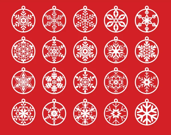 Kar taneli Noel baloları. Noel oyuncakları, dekorasyonlar. Lazer şablonları kesiyor. Lazer kesiği, kağıt kesiği, ahşap süsleme tasarımı. Vektör izole dekoratif elementler. Yeni yıl kutlaması